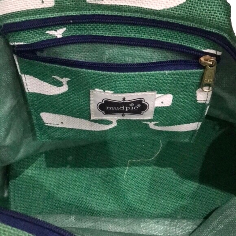 Mud Pie Whales Beach Tote Bag Green with Navy Bow - Picture 4 of 4